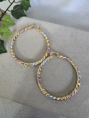 2.5" Gold Filled Tricolor Diamond Cut Hoop Earrings